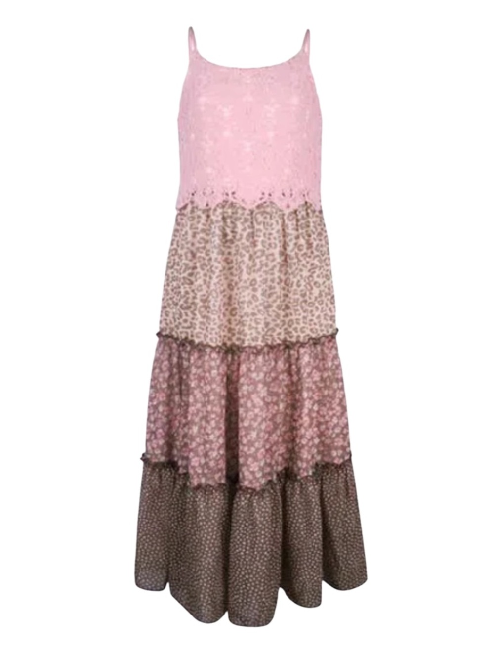 Zunie Pink Tiered Maxi Dress with Mixed Prints-Size 12 NWT